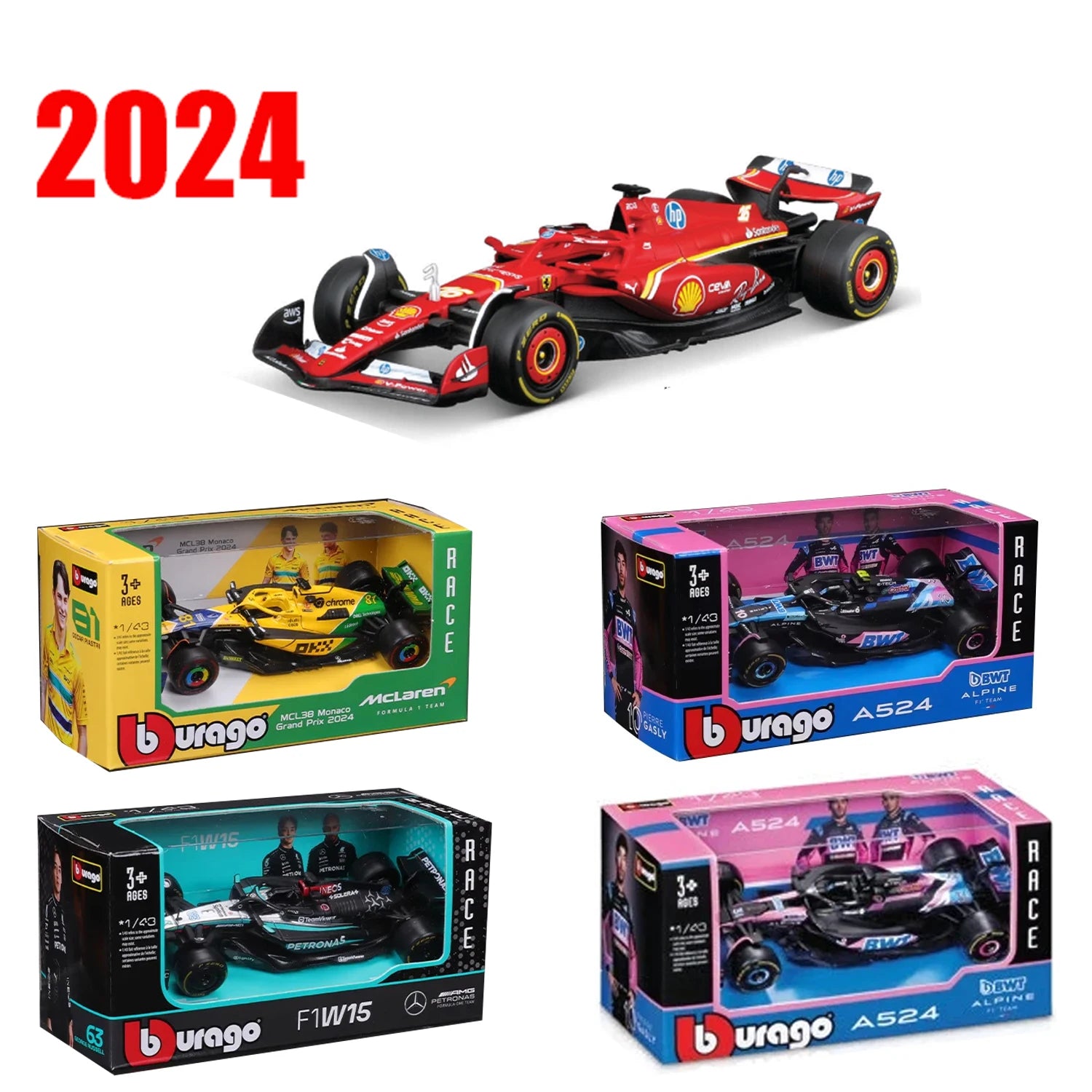 New 2024 B F1 1:43 Bwt Alpine A524 Two Color Blue Pink Alloy Miniature Diecast Model #10 #31 Formula Car Model Toys Gift