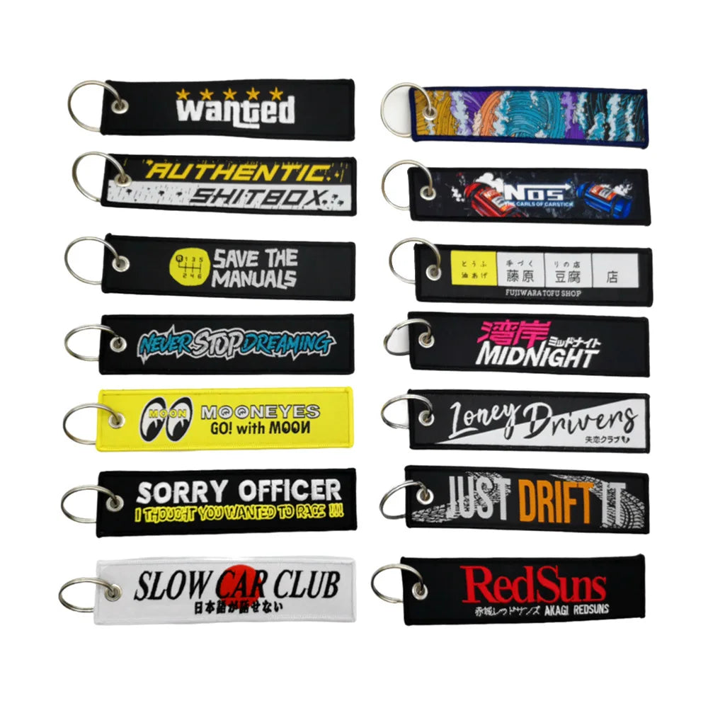 New JDM Racing Japan Keyring Embroidered Nylon Fabric Keychain Moto Keychain Car Key Tags for Nos Initial D Hokkaido Waves