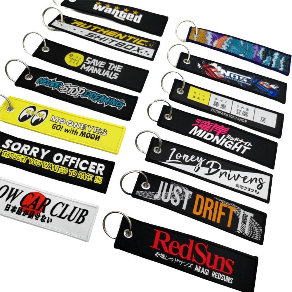New JDM Racing Japan Keyring Embroidered Nylon Fabric Keychain Moto Keychain Car Key Tags for Nos Initial D Hokkaido Waves